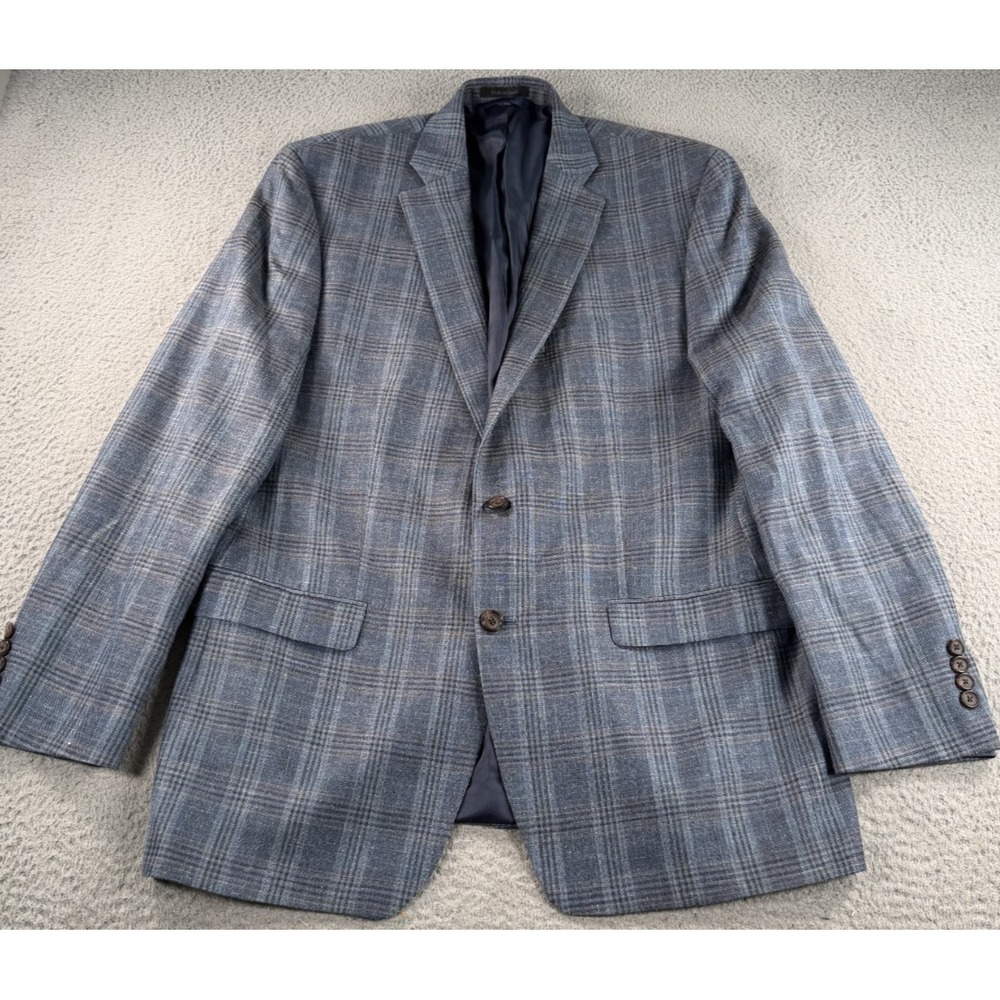Ralph Lauren Blazer Mens 44L Blue‎ Windowpane Wool Silk Linen Blend Union Made